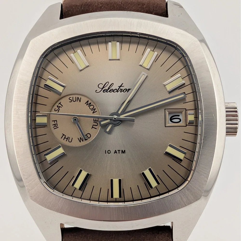 Selectron Cubic SCUB-10 Day Date Watch Taupe Sunburst 10 ATM Leather Strap Lume‎
